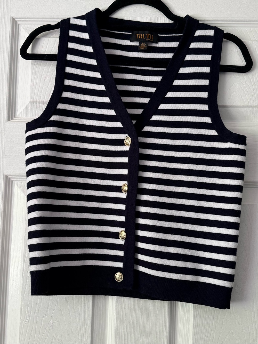 Truth Navy and White Striped Knit Vest with Gold Logo Detail